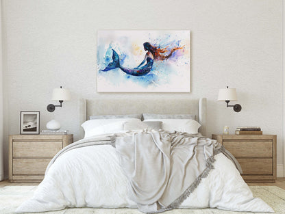 Watercolor Mermaid, Fantasy Creature, Ocean Art, White and Blue, Bathroom Decor, Framed Canvas, Large Art Print, Mystical, Impressionism
