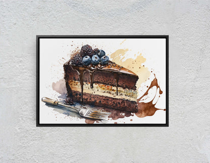 Watercolor Chocolate Cake, Dessert Art, Kitchen Wall Art, Dining Room Art Ready To Hang, Large Print, Restaurant Print, Bakery Decor