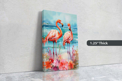 Flamingo Flowers on Canvas, Floral Bird, Beach Art, Framed Canvas, Tropical Art, Blue Water, Animal Print, Bird Lover, Vertical Portrait