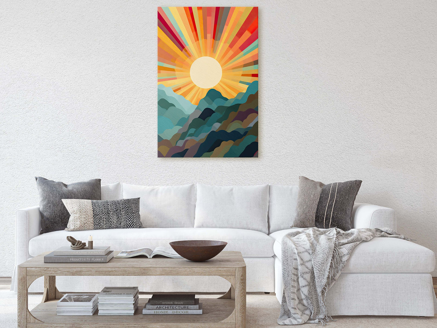 Sunshine Mountain on Canvas, Sunset Decor, Flat Art, Vibrant Color, Bold Art, Vertical, Abstract, Mid Century Modern, Scandinavian Print