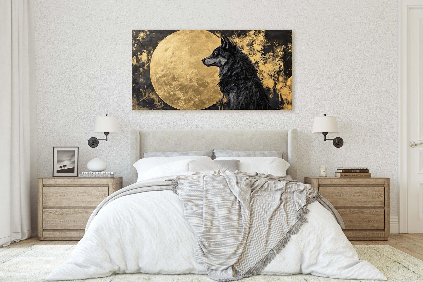 Lone Wolf Contemporary, Black and Gold Wolf, Wolf Moon