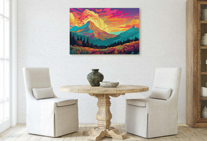 Vibrant Mountains, Colorful Illustration, Bold Colors, National Park, Framed Canvas, Cel Shading, Landscape Drawing, Toon Shading