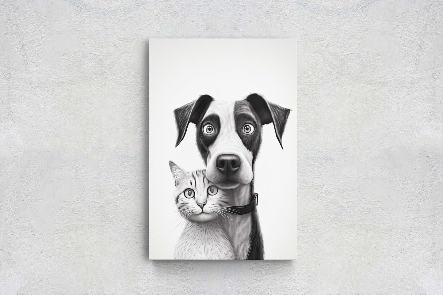 Black White Cat Dog, Loving Pets, Cute Animals, Minimalism, Animal Art, Kitten Decor, Puppy Art, Framed Canvas, Quirky Animal