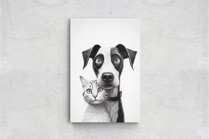 Black White Cat Dog, Loving Pets, Cute Animals, Minimalism, Animal Art, Kitten Decor, Puppy Art, Framed Canvas, Quirky Animal