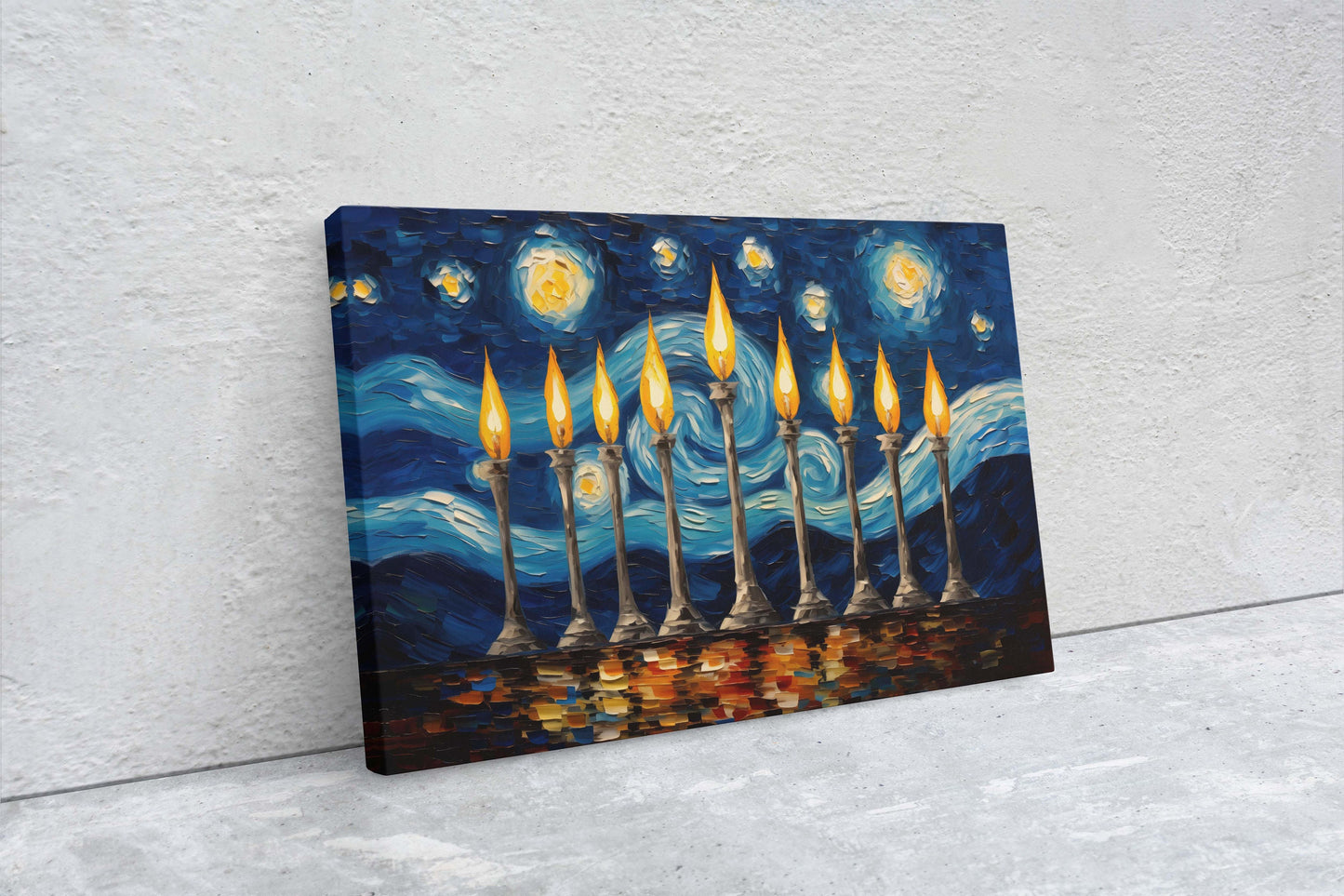 Starry Menorah, Hanukkah Painting, Festive Decor, Winter Season, Jewish Art, Chanukah, Framed Canvas, Jewish Print