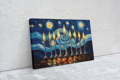Starry Menorah, Hanukkah Painting, Festive Decor, Winter Season, Jewish Art, Chanukah, Framed Canvas, Jewish Print
