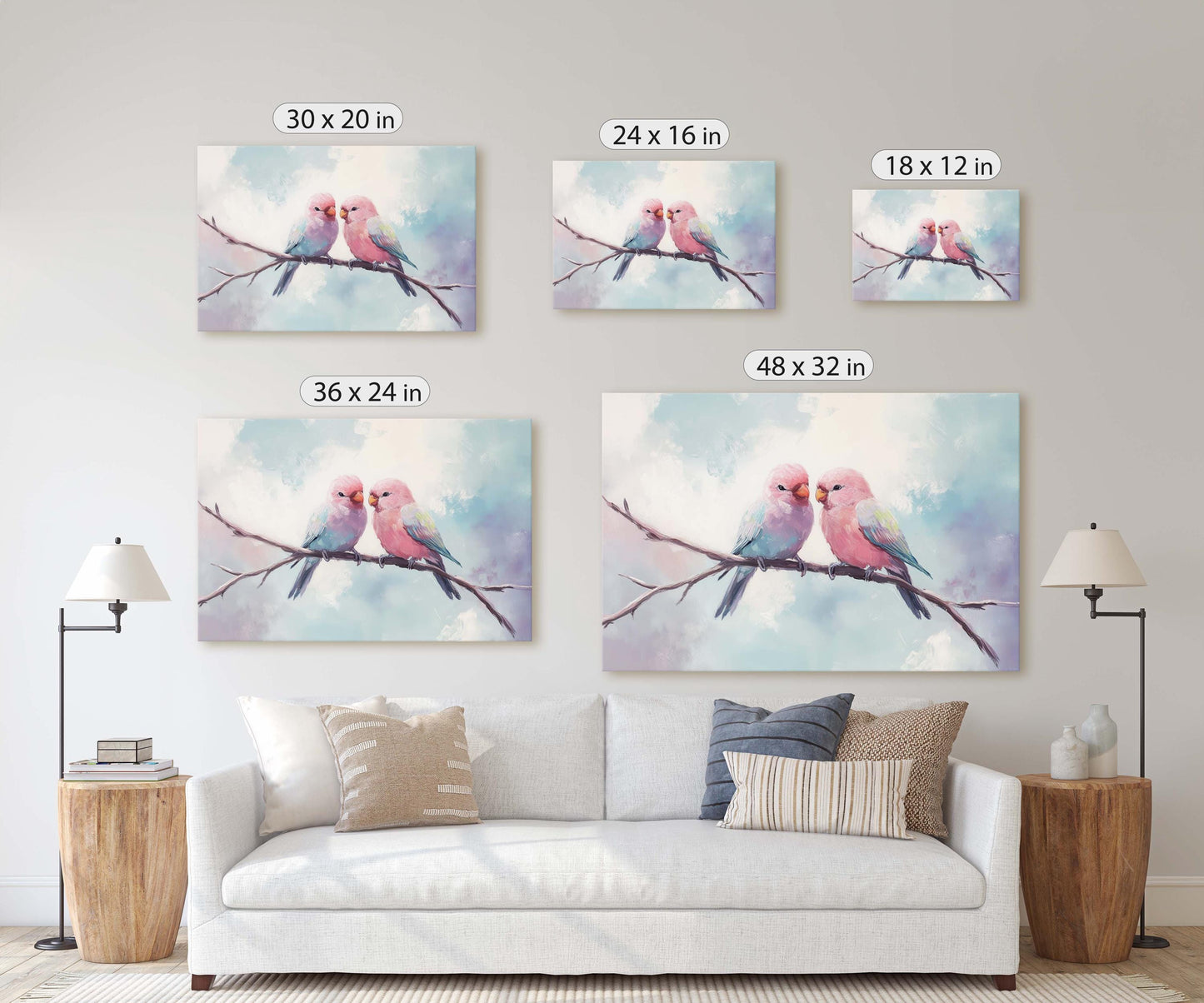Love Birds, Love At First Sight, Bird Art Print, Pastel Colors, Blue Pink Purple