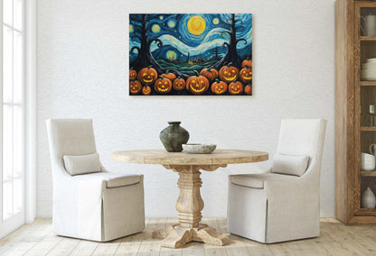 Pumpkin Patch On Canvas, Starry Night Pumpkins, Jack-O-Lantern, Van Gogh, Spooky Art, Fun Halloween, Kid Friendly, Framed Canvas