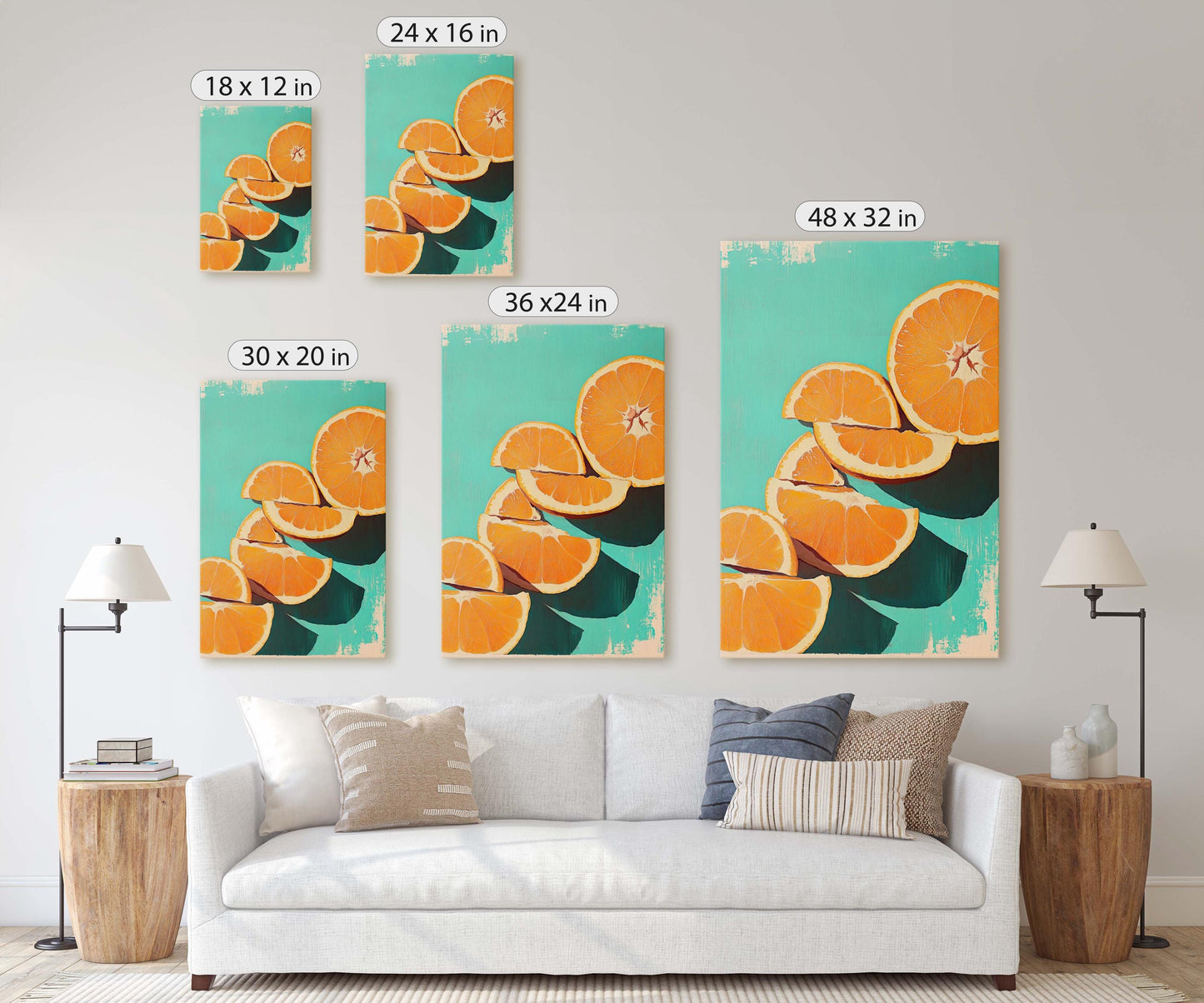 Cut Oranges, Orange Green, Mint Green, Pop Art, Food Art, Kitchen Decor