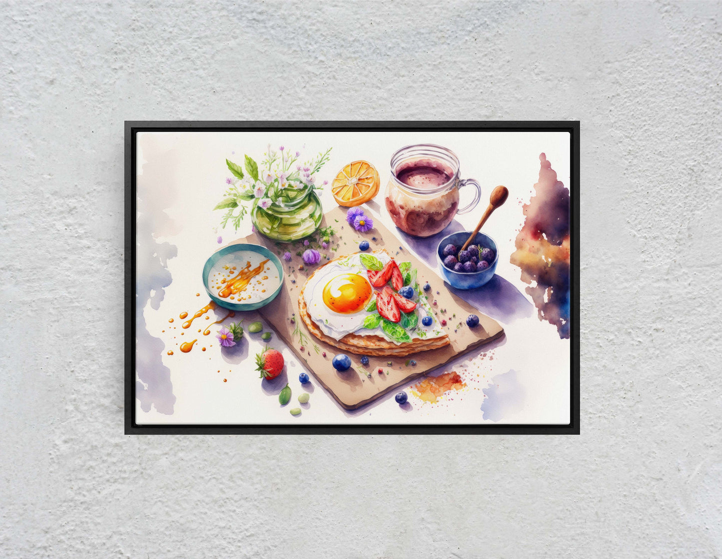 Watercolor Breakfast Canvas Art Ready To Hang Large Print, Oil Painting, Colorful, Eggs, Water Color, kitchen
