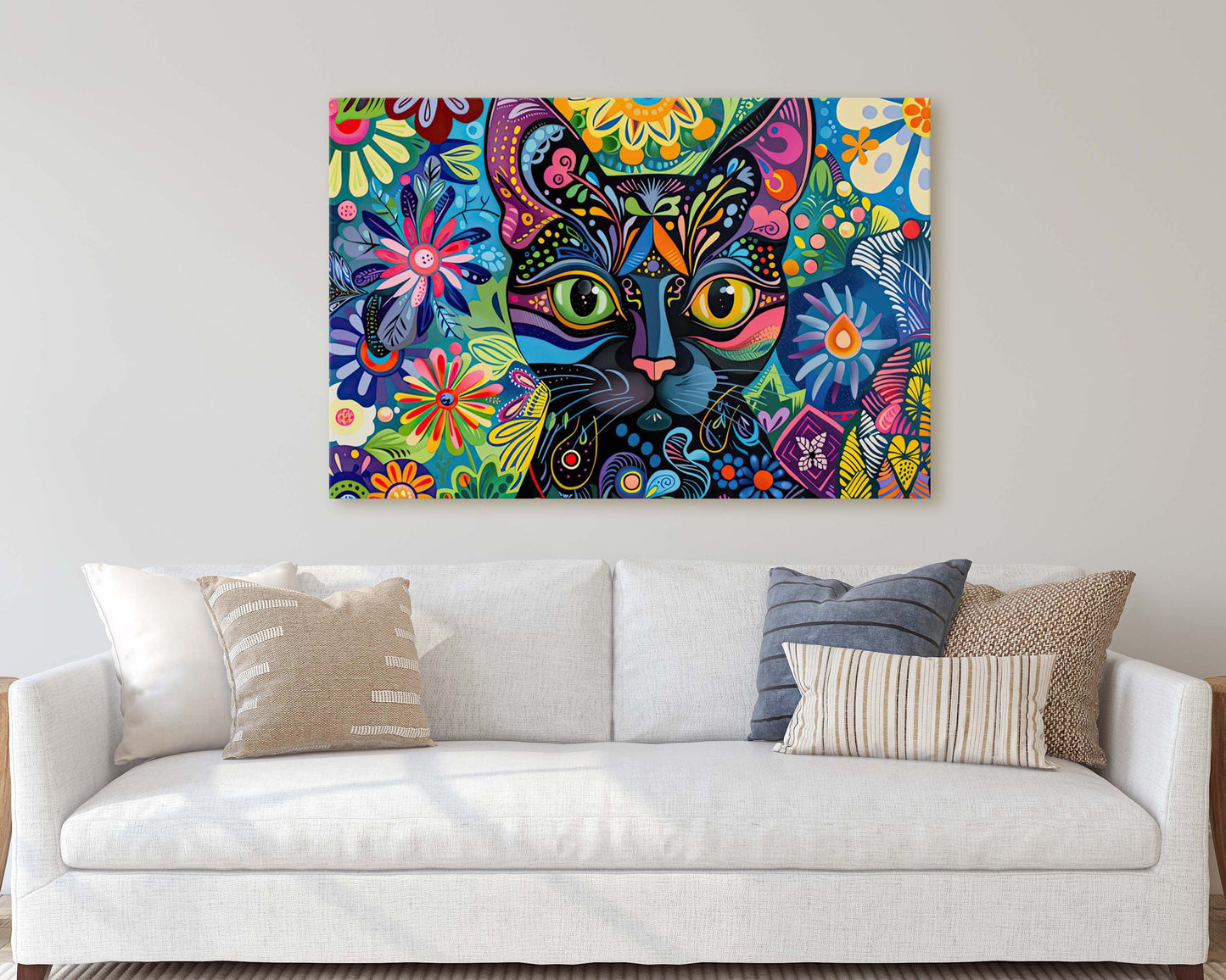 Whimsical Cat Art, Geometric Colorful, Abstract Cat, Pop Art, Large Art Print, Framed Canvas, Black Cat, Cat Lover, Animal Art