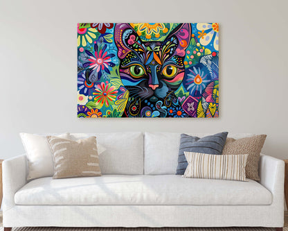 Whimsical Cat Art, Geometric Colorful, Abstract Cat, Pop Art, Large Art Print, Framed Canvas, Black Cat, Cat Lover, Animal Art