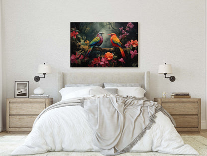Jungle Bird Painting, Jungle Art, Green Jungle, Framed Canvas, Large Print, Beautiful Bird, Flower Jungle, Tropical Forest, Rainforest Art