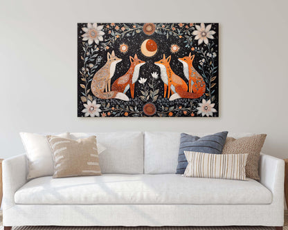 Fox Folk Art, Celestial Art, Fox Art, Nature print, Canvas print