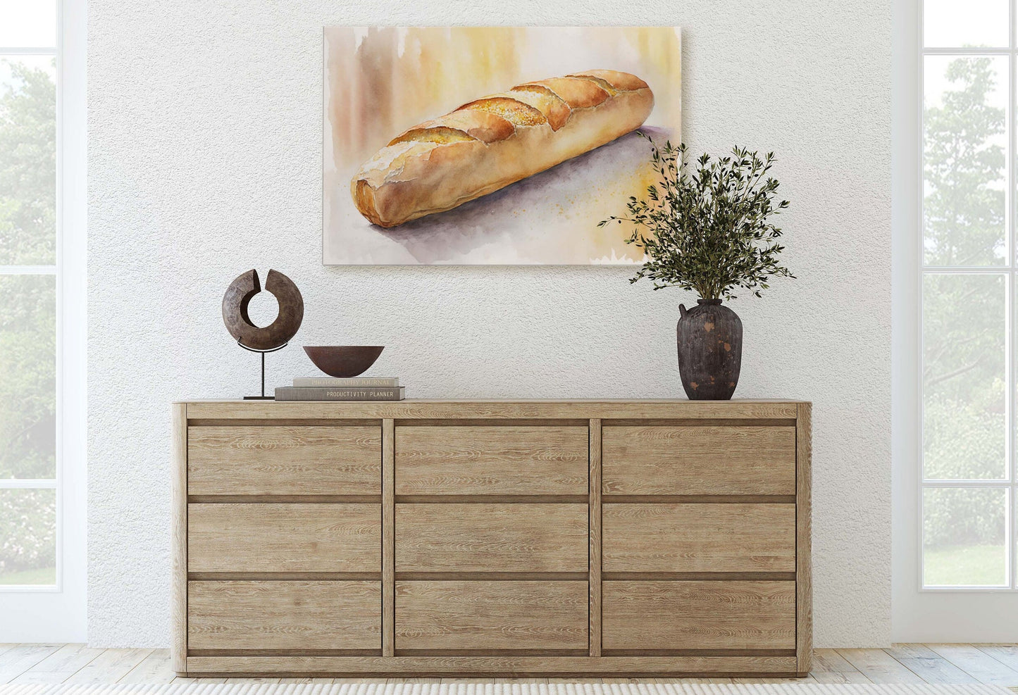 Baguette, French Bread, Fresh Baked Bread,Ready To Hang, Large Print, Watercolor Painting, Dining Room, Kitchen Art, Restaurant Art, Bakery