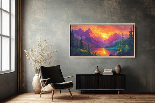 Colorful Mountain Sunrise On Canvas, Smoky Forest, Foggy Mountains, Vibrant Color, Abstract Art