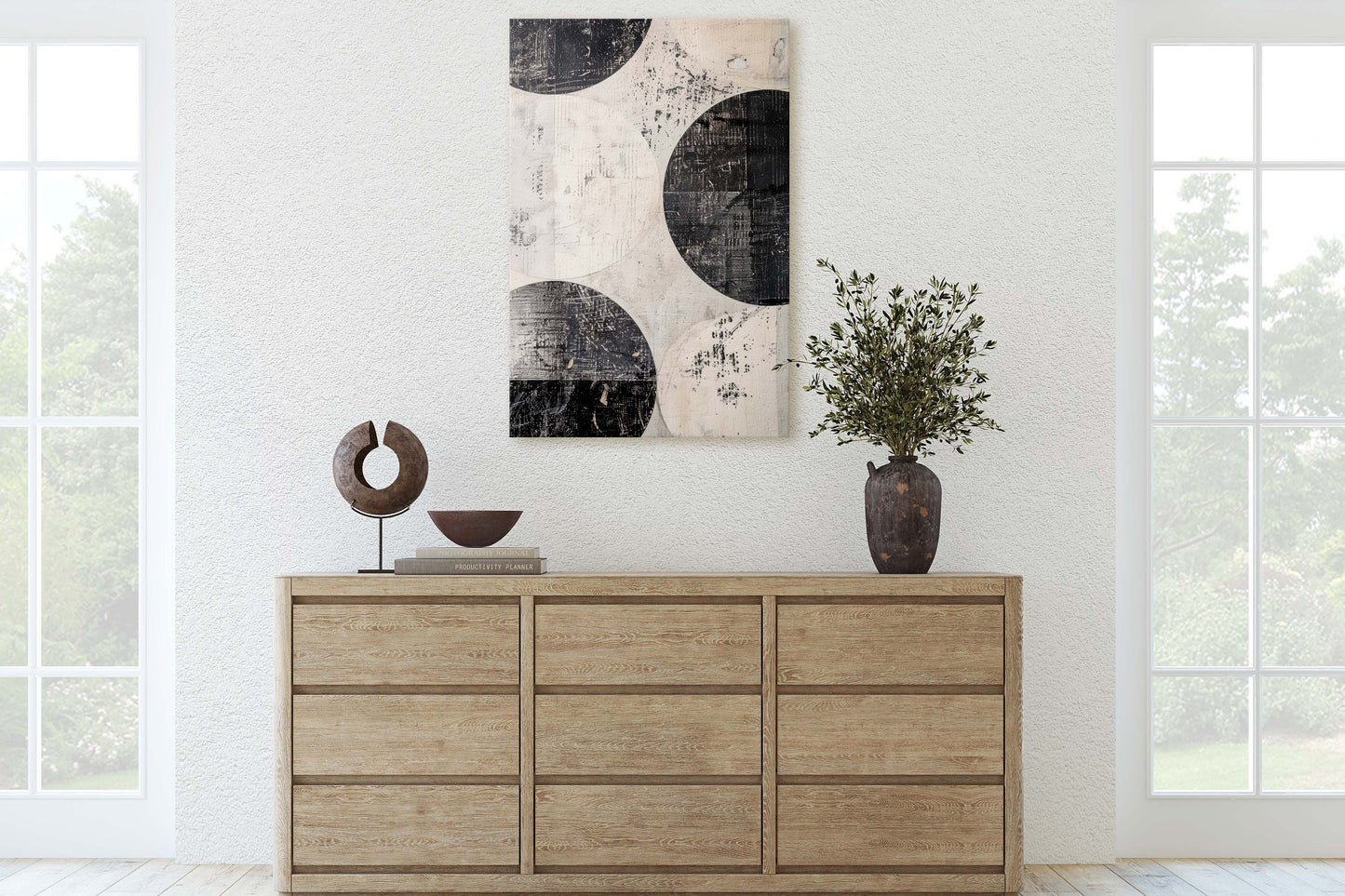 Wabi Sabi Artwork, Minimalist Circles, Neutral Tones, Black and White, Extra Large Print, Framed Canvas, Abstract, Texture