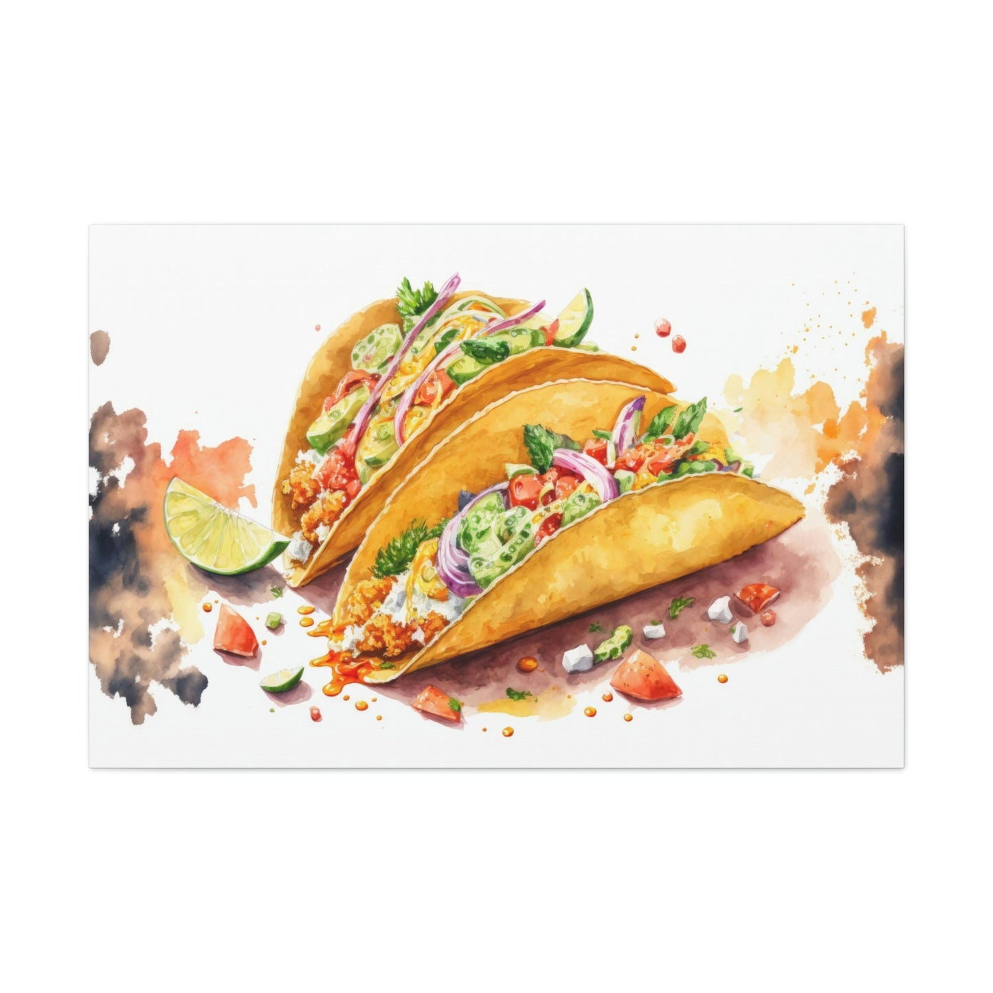 Watercolor Taco Canvas Art Ready To Hang Large Print, Oil Painting, Colorful, Water Color, Mexican food, Kitchen