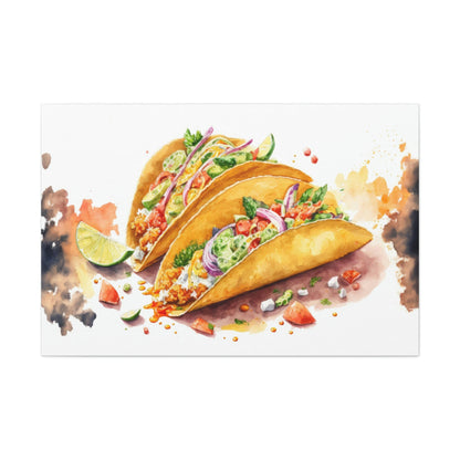 Watercolor Taco Canvas Art Ready To Hang Large Print, Oil Painting, Colorful, Water Color, Mexican food, Kitchen