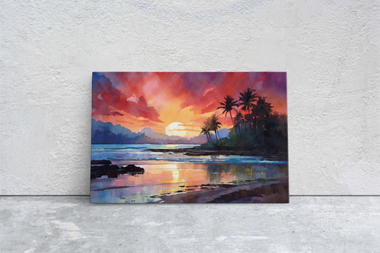 Dusk Beach on Canvas, Sunset Ocean, Sunrise Oceanside, Watercolor, Framed Canvas, Palm Trees, Subdued Art, Tropical Paradise