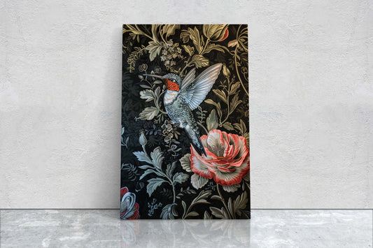 Hummingbird, William Morris Inspired, Floral Art, Botanical Decor, Framed Canvas, Dark Print, Cottagecore, Extra Large Print, Bird Decor