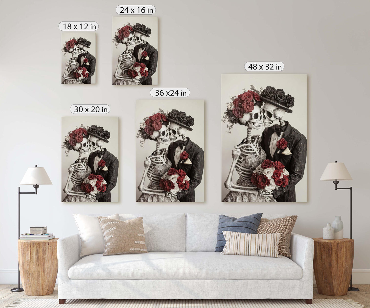 Skeleton Wedding, Bride and Groom, Halloween Decor, Gothic Art, Spooky Art, Bone Marriage