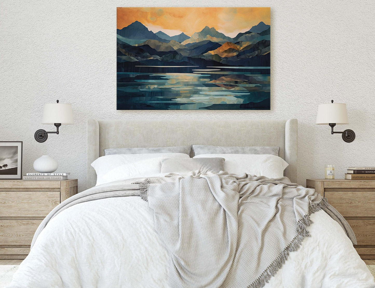 Lakeside Mountains on Canvas, Lake View mountains, Abstract Landscape, Modern Landscape, Neutral Tones, Subtle color, Watercolor Print
