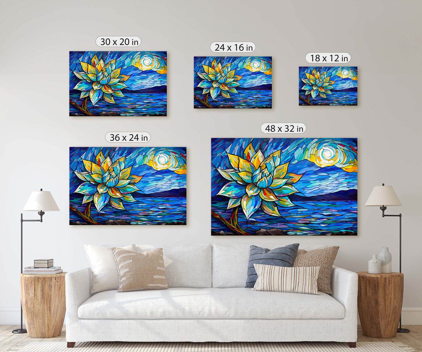 Agave Painting, Stained Glass, Mosaic Decor, Framed Canvas, Landscape Painting, Large Print