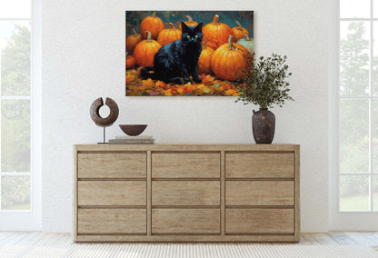 Black Cat Pumpkin Patch on Canvas, Halloween Decor, Fall Pumpkin, Framed Canvas,  Autumn Leaves, Pumpkin Leaf, Painting