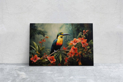 Jungle Bird Painting, Jungle Art, Green Jungle, Framed Canvas, Large Print, Beautiful Bird, Flower Jungle, Tropical Forest, Rainforest Art