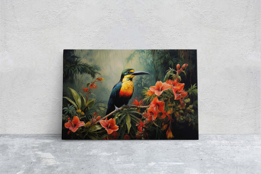 Jungle Bird Painting, Jungle Art, Green Jungle, Framed Canvas, Large Print, Beautiful Bird, Flower Jungle, Tropical Forest, Rainforest Art