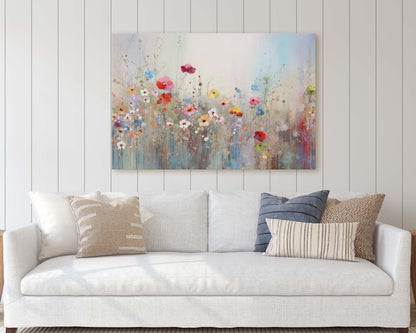 Wildflowers on Canvas, Flowers in Rain. Abstract Wall Art, Framed Canvas, Watercolor flowers,  Floral Print, Classic, Rustic Farmhouse