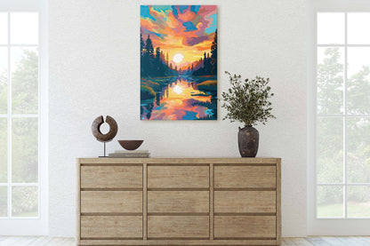 Lake at Sunset, Fauvist Color, Calm Water, Chromatic, Impressionist Art, Landscape Decor, Nature Painting, Ready to Hang, Canvas Print