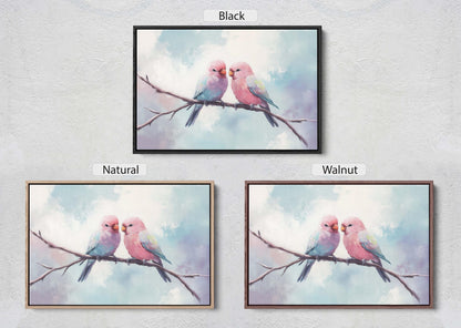 Love Birds, Love At First Sight, Bird Art Print, Pastel Colors, Blue Pink Purple