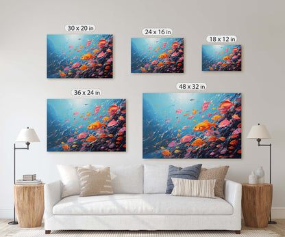 Fish School Painting, Canvas Wall Art, Abstract Blue Sea Painting, Boho Wall Décor, Custom Painting, Home Decor,Large Original,Framed Canvas