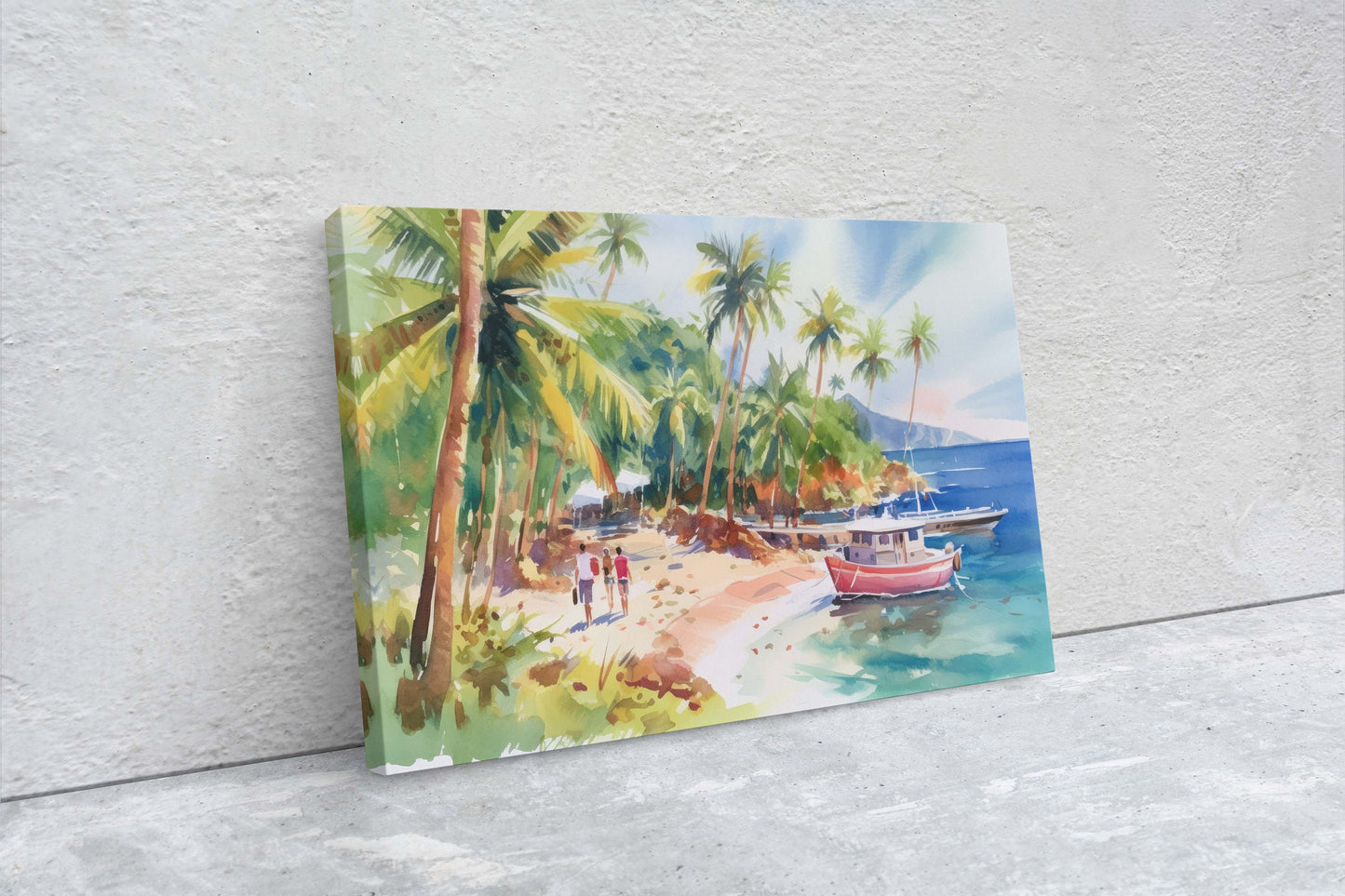 Beachside on Canvas, Ocean Beach, Watercolor, Hawaii Landscape, Tropical Water, Framed Canvas