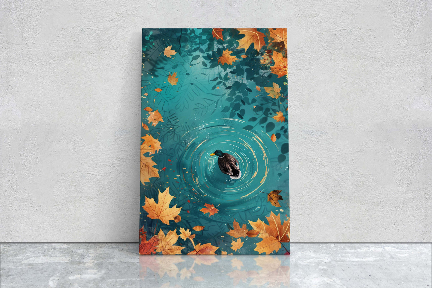 Mallard Duck Fall, Duck in Lake, Framed Canvas, Fall Season, Large Art print, Vertical Print, Leaves in Lake, Tranquil Decor
