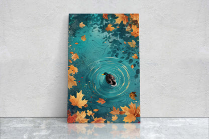 Mallard Duck Fall, Duck in Lake, Framed Canvas, Fall Season, Large Art print, Vertical Print, Leaves in Lake, Tranquil Decor