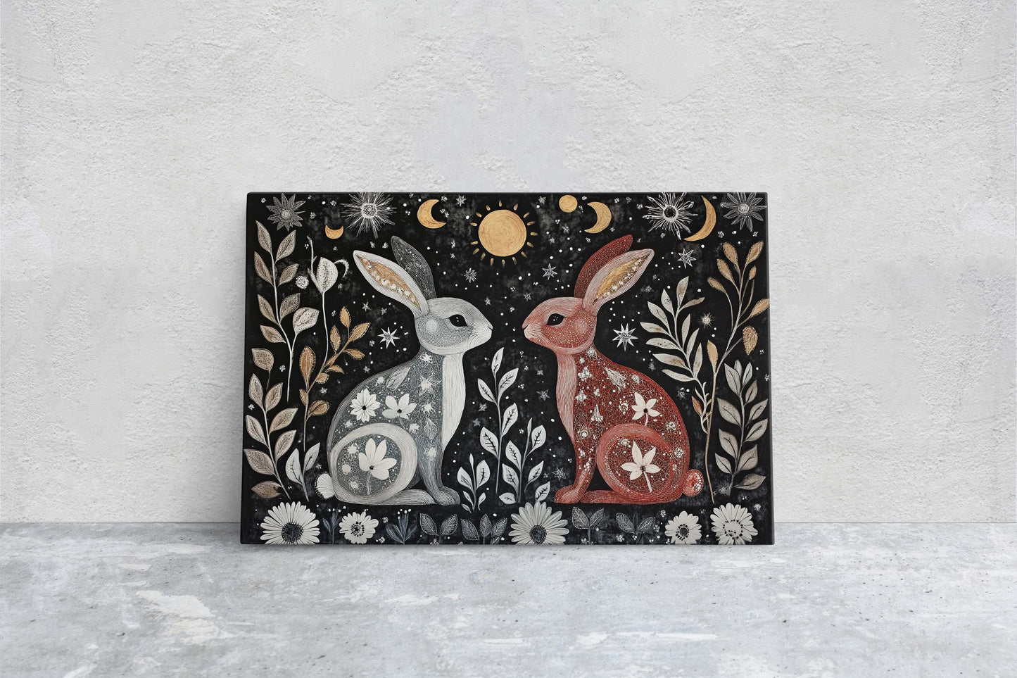 Rabbit Folk Art, Celestial Art, Bunny Art, Nature print, Canvas print