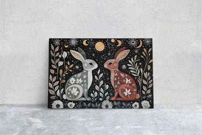 Rabbit Folk Art, Celestial Art, Bunny Art, Nature print, Canvas print