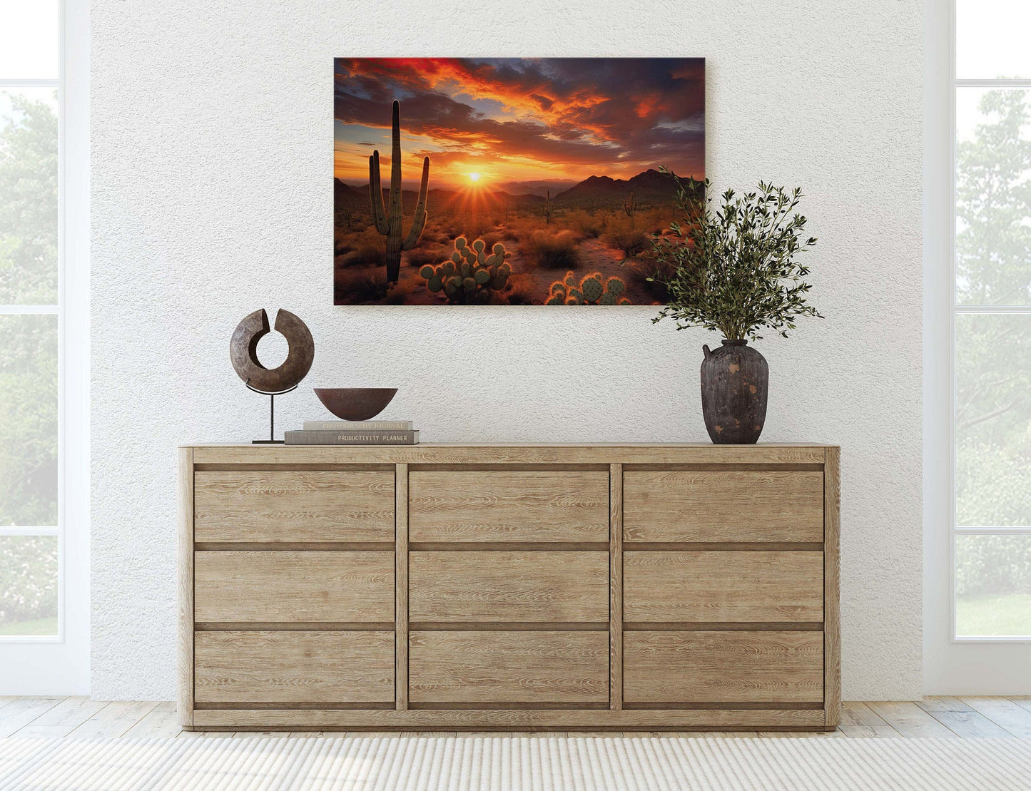Desert Sunset on Canvas, Subdued Desert, Landscape Realistic, Realism Painting, Dramatic Sand, Cactus Sunset, Evening Art, Nature Painting