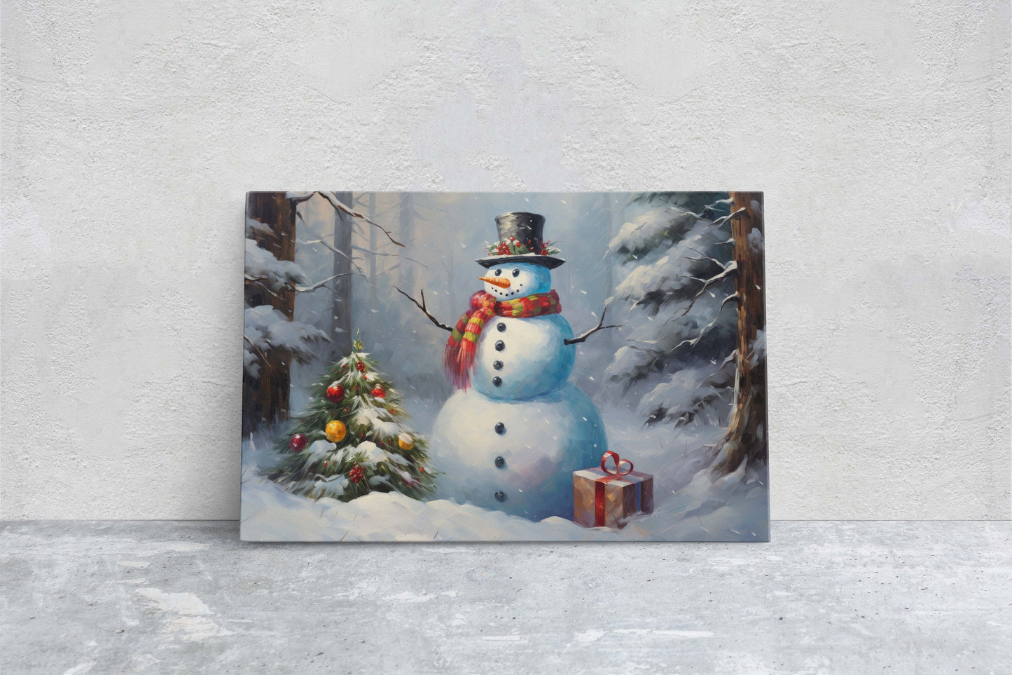 Snowman Present, Christmas Snowman, Snow Trees, Festive Decor, Holiday Art, Xmas Print, Framed Canvas, Large Print