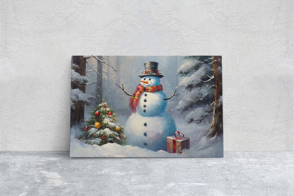 Snowman Present, Christmas Snowman, Snow Trees, Festive Decor, Holiday Art, Xmas Print, Framed Canvas, Large Print