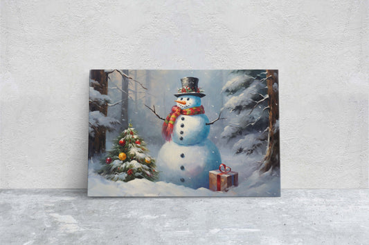 Snowman Present, Christmas Snowman, Snow Trees, Festive Decor, Holiday Art, Xmas Print, Framed Canvas, Large Print