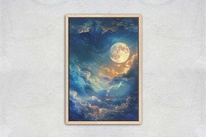 Cloudy Moon Sky, Moonlit Night, Golden Night, Full Moon Painting, Celestial Art, Nature, Retro Style