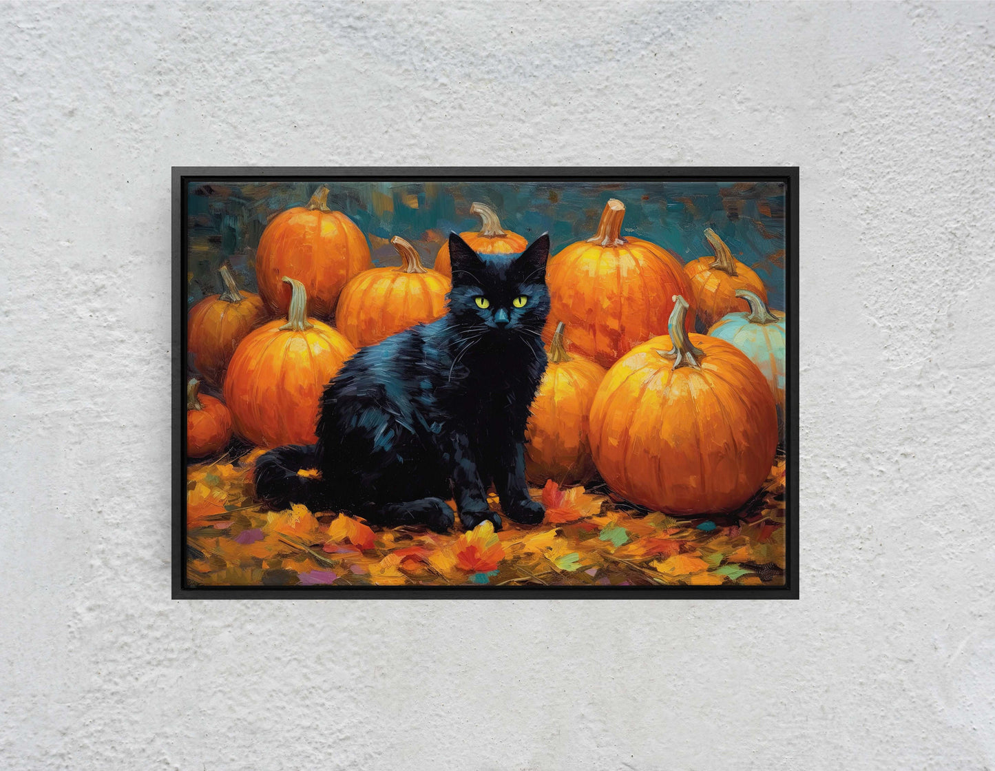 Black Cat Pumpkin Patch on Canvas, Halloween Decor, Fall Pumpkin, Framed Canvas,  Autumn Leaves, Pumpkin Leaf, Painting