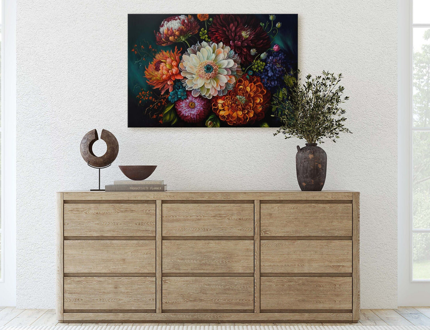 Colorful Flowers Canvas Art Ready To Hang Large Print, Oil Painting, Floral Bouquet