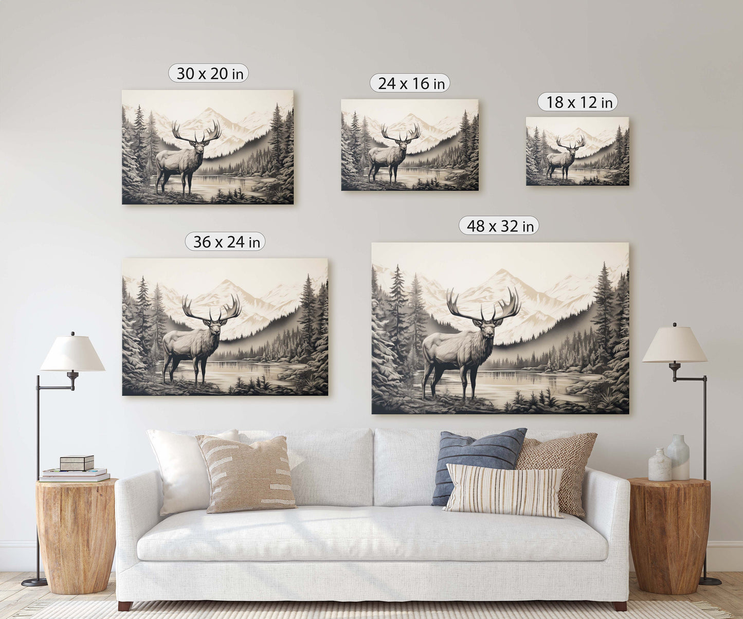Black and White Elk,  Elk Painting, Cabin Decor, Mountain Home Art, Framed Canvas, Moose Painting, Neutral Color, Mountain Range, Nature Art