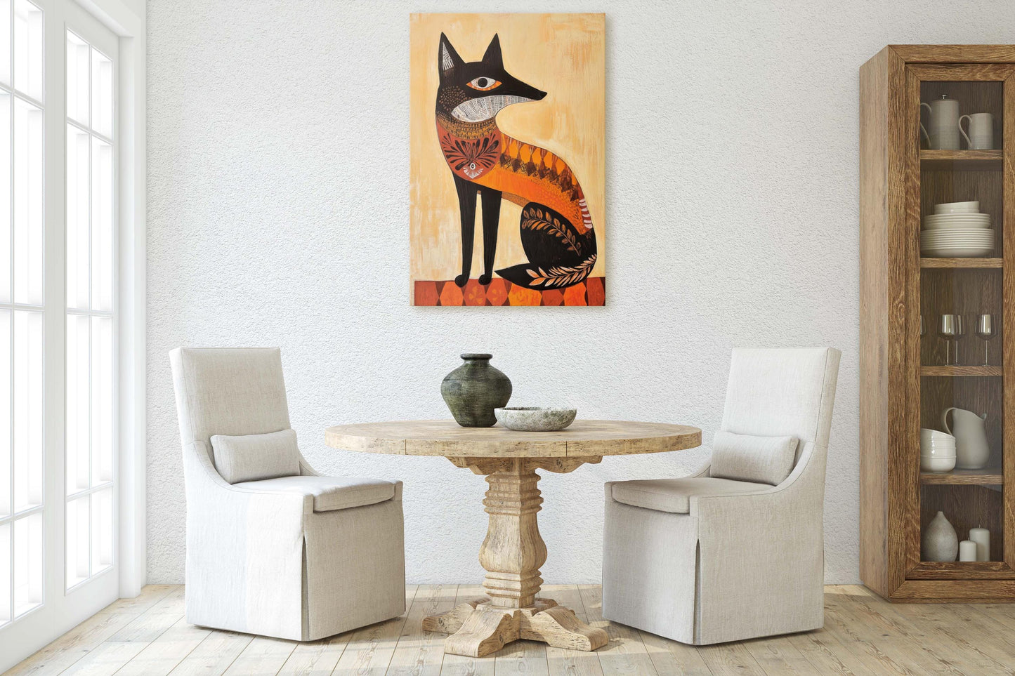 Scandinavian Fox, Folk Art, Celestial Art,  Framed Canvas, Nature Print, Whimsical, Egyptian, Abstract