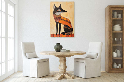 Scandinavian Fox, Folk Art, Celestial Art,  Framed Canvas, Nature Print, Whimsical, Egyptian, Abstract